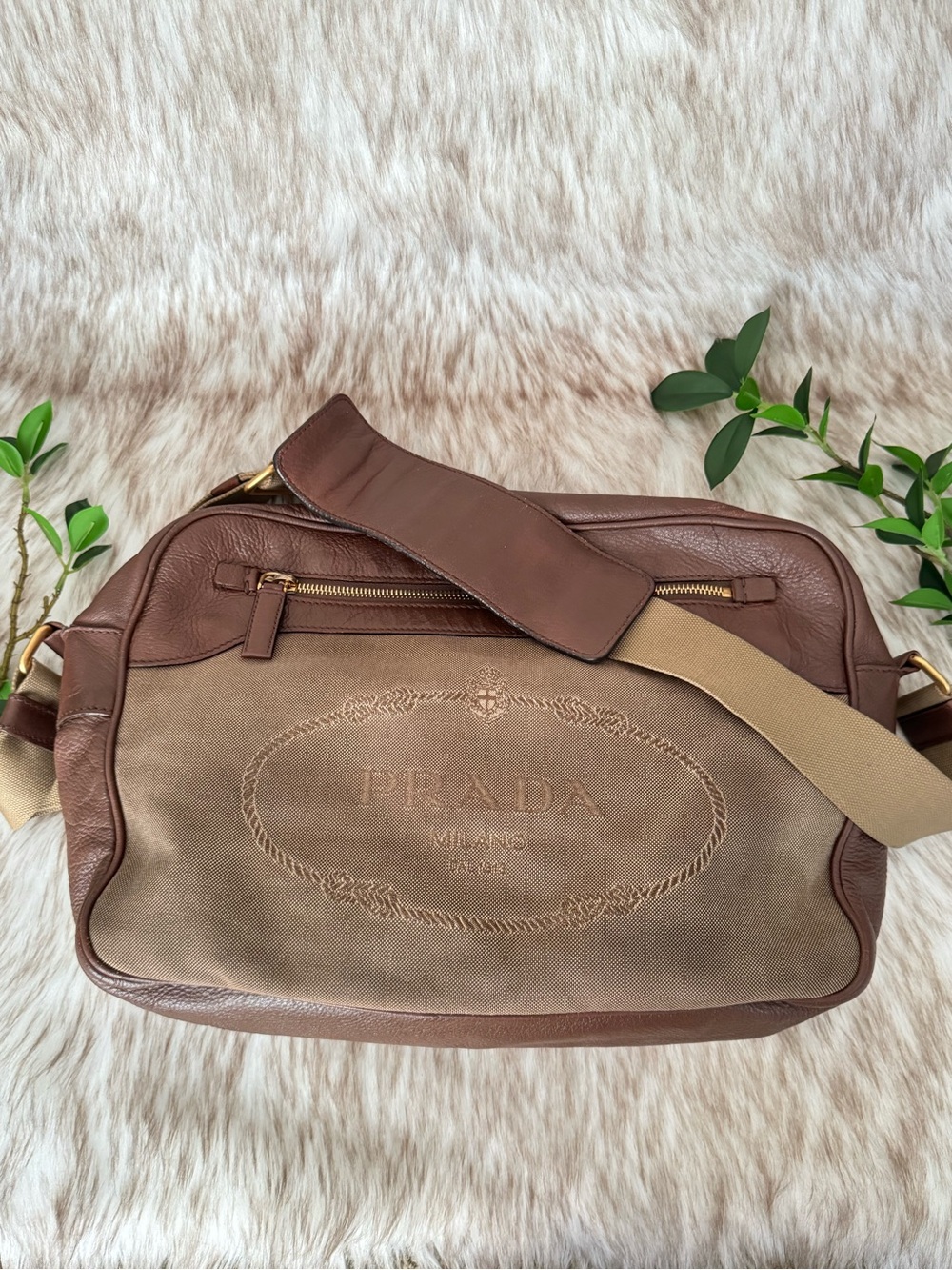 Vintage Prada Canapa Logo Jacquard Brown Canvas and Leather Crossbody Bag
